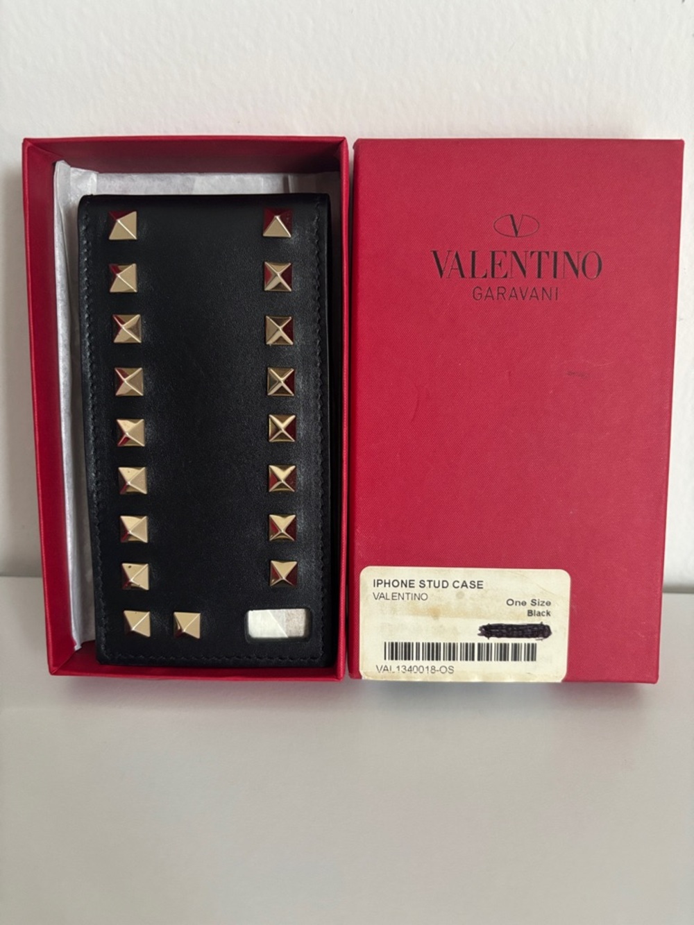 Valentino Garavani Black Leather Stud Phone Case with Gold Pyramid Studs